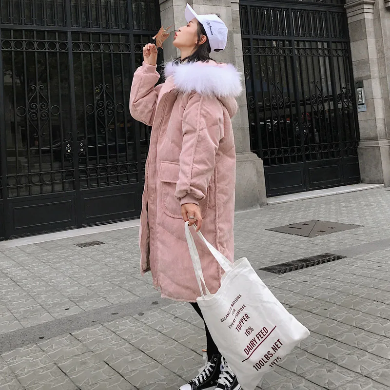 

CORDUROY down Jacket Cotton-padded Clothes Mid-length 2019 New Style Korean-style Loose Thick Large Fur Collar Cotton-padded Clo