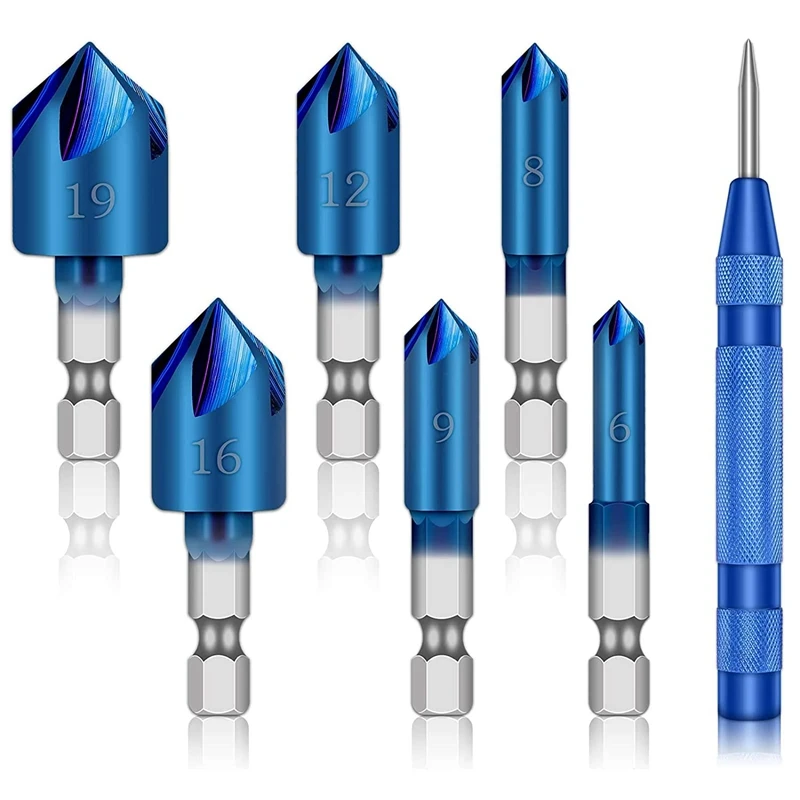 6Pcs 90 Degree Countersink Set HSS Countersink, 5 Slot Nano Blue Coating 1/4 Inch Countersink