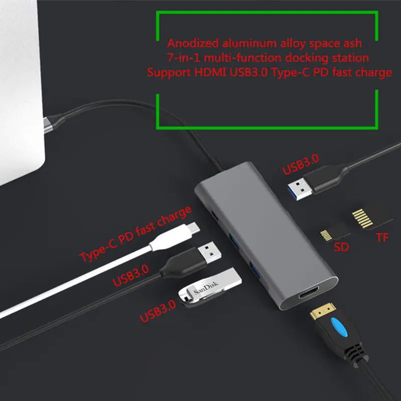 Type-C Hub Laptop Docking Station USB 3.0 HDMI TF LAN PD USB -C for Macbook for Huawei Mate 10 P20