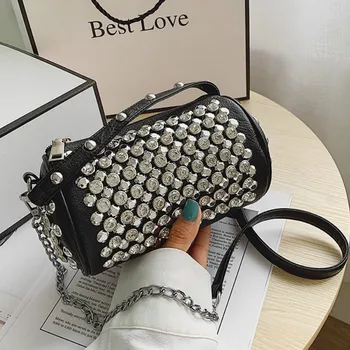 

Punk Style Diamonds Crossbody Bags for Women 2020 Summer Barrel-shaped Rivet Shoulder Bag Woman Black Chains Small Tote Bags