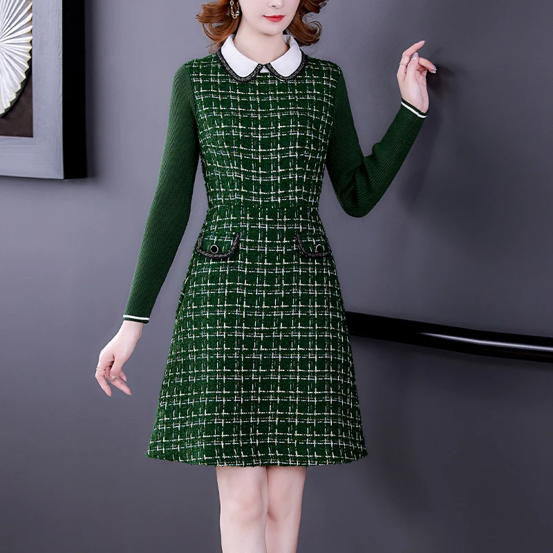 

Женское твидовое клетчатое платье, элегантное винтажное модельное платье составного кроя в Корейском стиле, офисное платье с длинным рукавом, Осень-зима