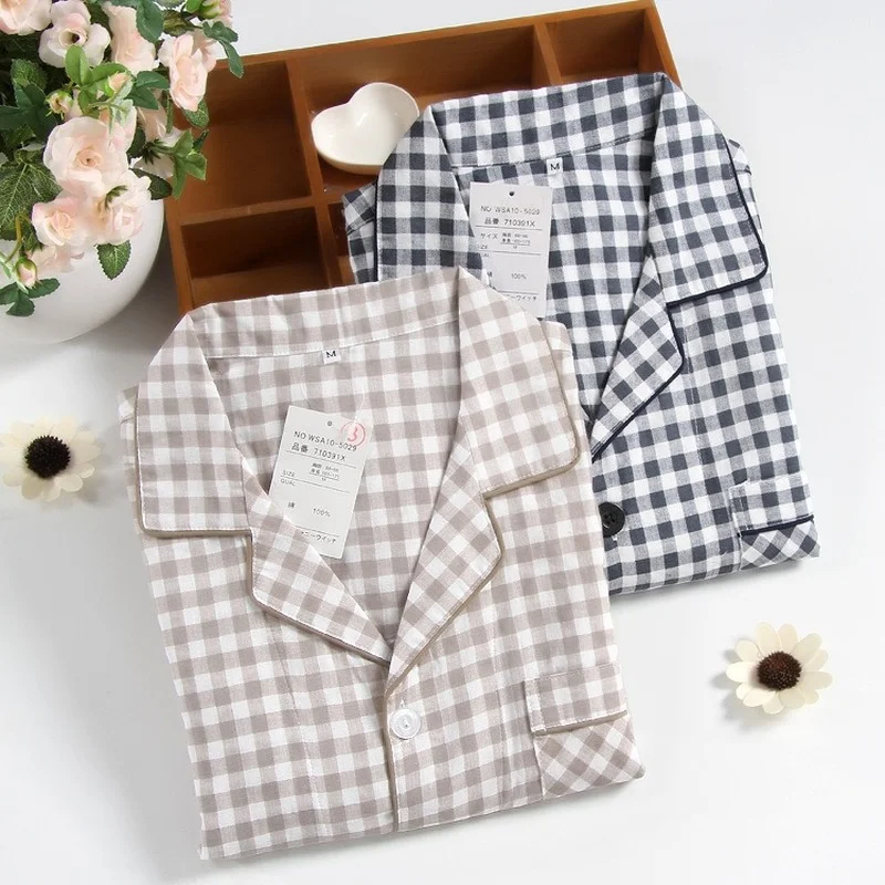 Pajamas set man pajamas set men's short-sleeved summer cotton yarn nightwear plaid turn-down collar men pajama sets plus size