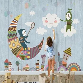 

Custom large mural 3D wallpaper Nordic modern cartoon hand drawn abstract moon bedroom mural TV back wall decor deep 5D embossed