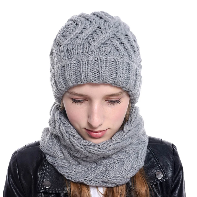 Women Two Pieces Set Winter Knitted Hat Cap And Women's Neck Scarves Warm Cute Fashion Solid Color Beanie Bib Scarves Bonnet Hat