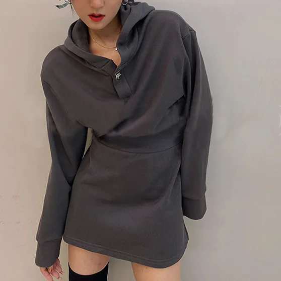 

2022 S/S new solid color twist lock waist hooded long-sleeved sweater dress women's casual straight dress