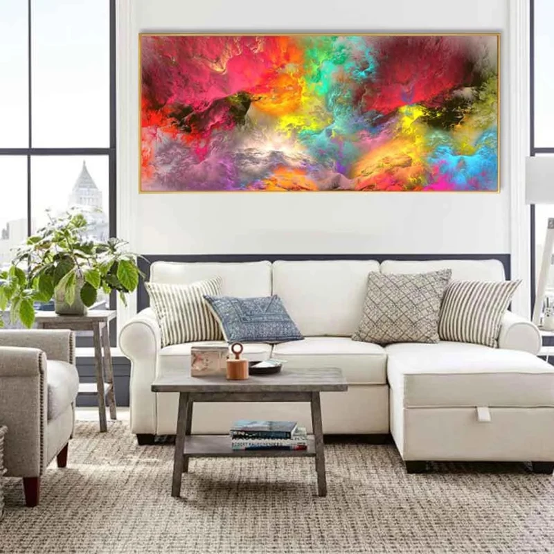 Light Gray Blue Yellow Cloud Abstract Canvas Frames - Canvas Painting Wall  Art Print Poster for Living Room Decoration 30x60cm with Frame, 30 x 60 cm