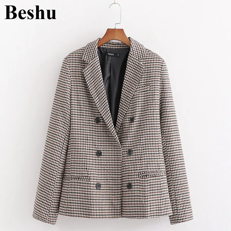 

za 2020 fashion blazer women khaki houndstooth plaid big lapel double-breasted blazer pockets long sleeve casual lady clothes
