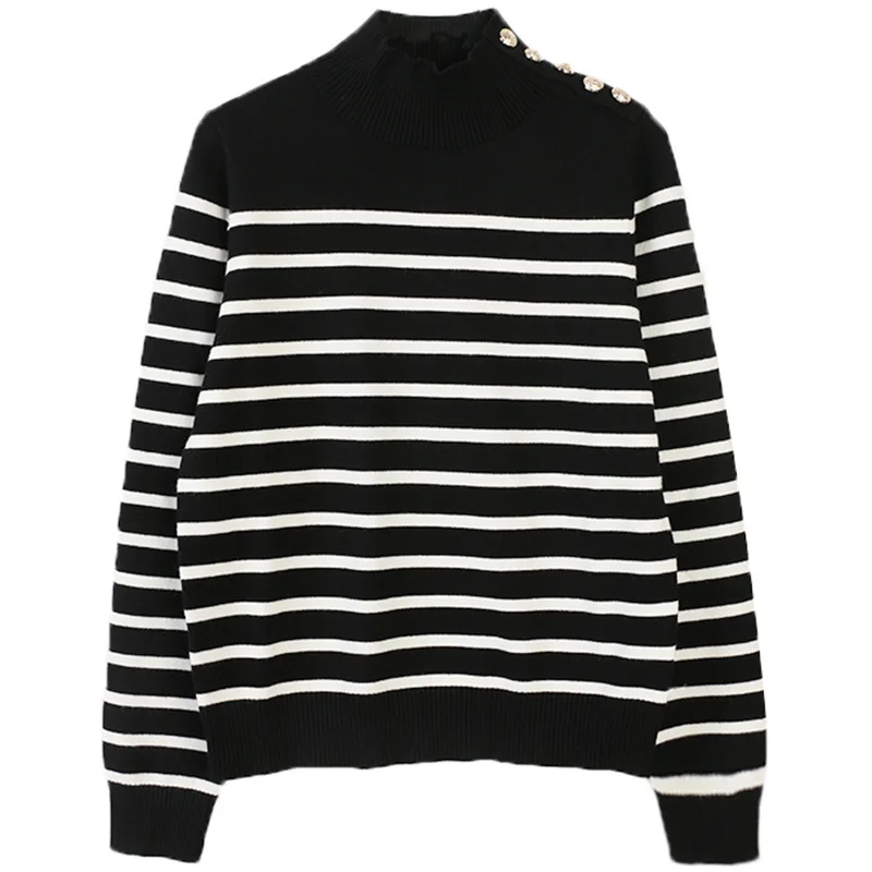 Turtleneck pullovers and sweaters casual Striped embroidery long sleeve Pullover slim knitted sweater