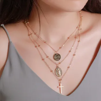 

Necklace Metal Alloy Three-Layer Letter Fashion Multi-layer Cross Gold Coin Pendant For jesus catholic Christian believers Gift