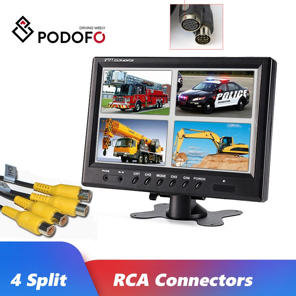 9" Car Quad Split Auto LCD Monitor Screen 4 Display Security Rear View Monitor 