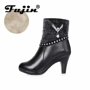 

Fujin Winter Boots Wool Women Genuine Leather Thick Bottom Fur Warm Plush High Heel Ankle Boots Platform for Women Snow Boots