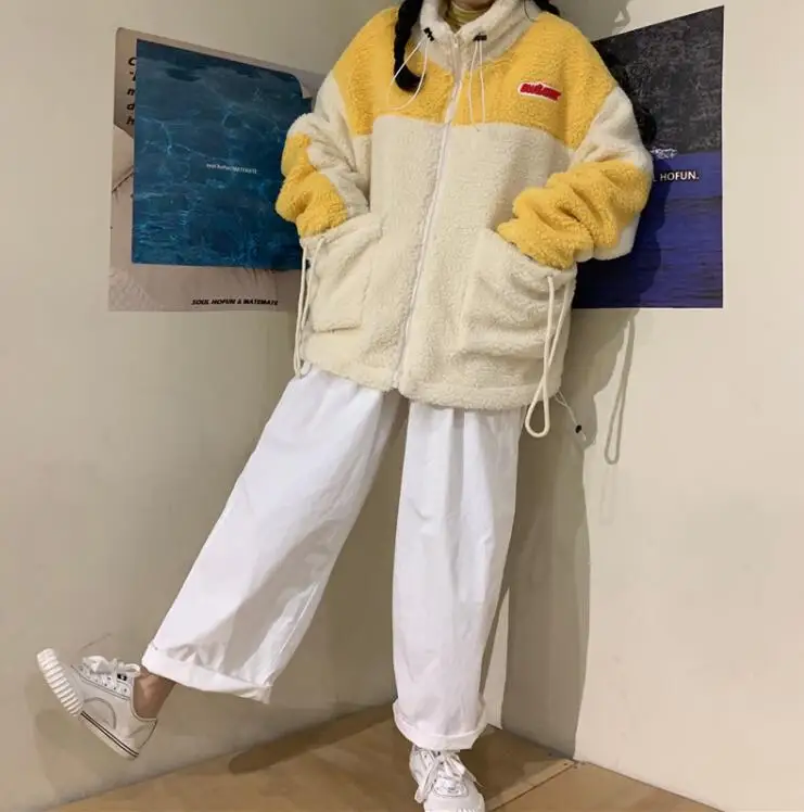 Осень и зима корейский стиль Harajuku лоскутное повседневное свободное bf молния ягненка меховое пальто для женщин