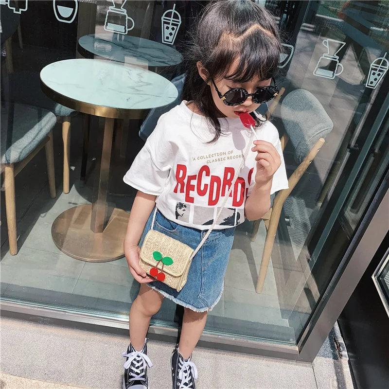 

Summer New Style CHILDREN'S Single-shoulder Bag Cute Straw Summer Cherry Hanging Decoration Children Casual Burden Relieving Pur