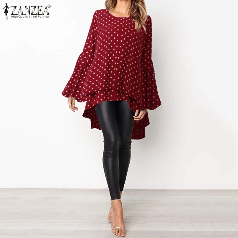 Lantern Sleeve Layered Shirts Women Asymmetrical Blouse ZANZEA Fashion Tops Female Casual Blusas Femininas Plus Size Shirts - Color: C Dot  Wine Red