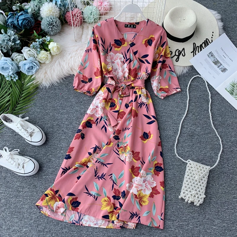 Boho V образным вырезом Летнее цветочное платье миди длинное шифоновое платье Вечерние Бандажное женское повседневное вечернее элегантное пляжное праздничное ТРАПЕЦИЕВИДНОЕ ПЛАТЬЕ