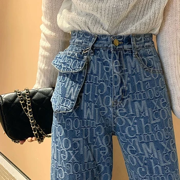 

Woman Jeans High Waist Loose Straight Pants Korean Style Vintage Printed Casual Female Long Denim Trousers 2020 Fashion KZ149