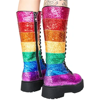 

fashion rainbow boots for women boots lace up round toe knee boots flat shoes woman