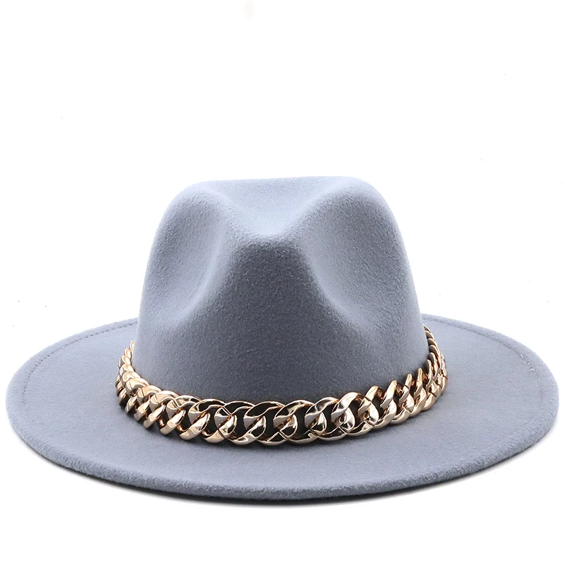 womens's hat wide brim Thick gold chain band classic black beige felted hat panama cowboy jazz men caps luxury fedora women hats 10