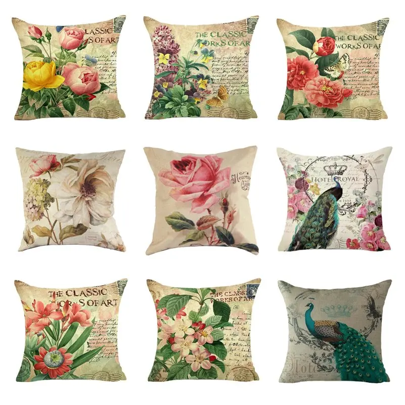 Fashion Cotton Linen Cushion Cover Peacocks Flower Pattern Throw Pillow Cover for Sofa Decorative Pillowcase 45x45 Home Decor