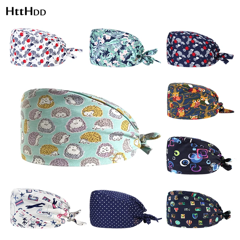 

new Breathable Unisex Oral cleaning caps cotton scrubs hat buttons Floral print adjustable accessories beauty salon work caps