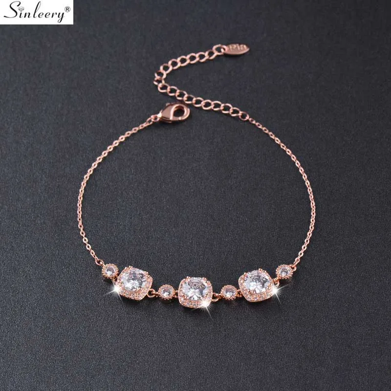 SINLEERY ослепительный очаровательный браслет в форме кубика, розовое золото, серебро, инкрустация цепочкой, маленький Кристальный браслет для женщин, ювелирное изделие SL451 SSO