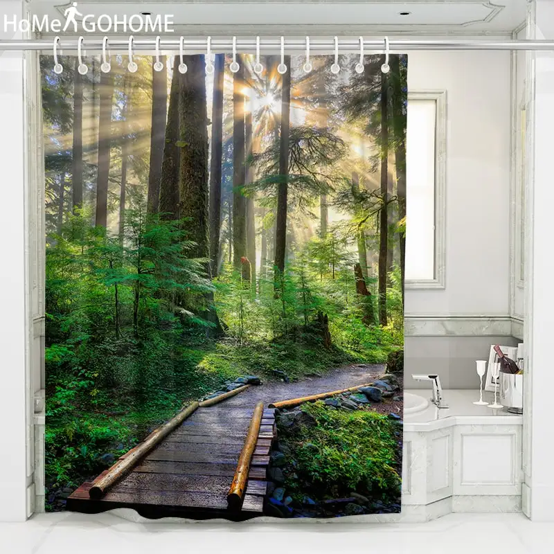 

3D Bathroom Decor Umbria Sunlight Forest Shower Curtain Landscape Waterproof Fabric Bath Toilet Curtain Screen Sheer With Hooks