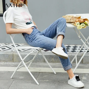 

Amii spring simple retro style straight blue jeans women's new high waist loose and slim casual pants 11940077