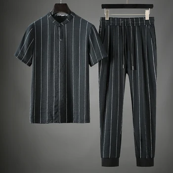 

JSBDHigh-end Chinese style ultra-thin breathable stripe two-piece summer chicken heart v-neck men's casual sports suit