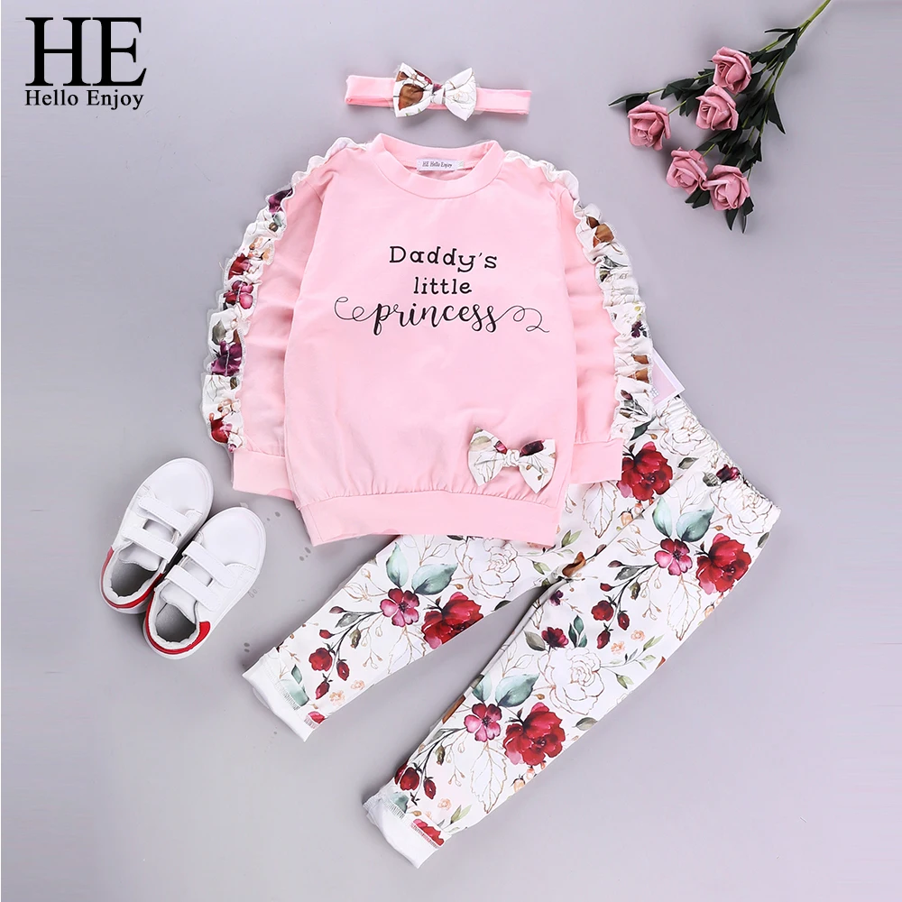 

HE Hello Enjoy Autumn Baby Girls Clothes Sets Baby Long Sleeve Letter Bow Top + Printed Pants + Hairband 3PC Kids Clothes Infant