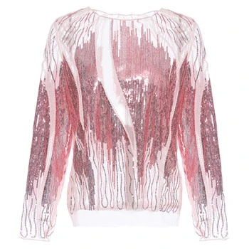 

HIGH STREET 2020 Newest Fashion Designer Blouse Women's Long Sleeve Gauze Embroidery Shimmer Sequined Blouse Top