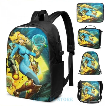 

Funny Graphic print Metroid(6) USB Charge Backpack men School bags Women bag Travel laptop bag
