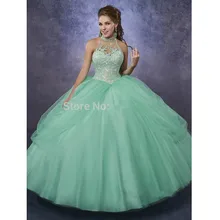 Turquoise Quinceanera Dresses Ball Gown Halter Tulle Appliques Lace Pearls Cheap Sweet 16 Dresses