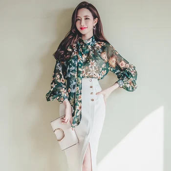 

Blouse Women Design Printed Chiffon Shirt Spring 2020 Korean Vintage Lace Up Female Pullover Top