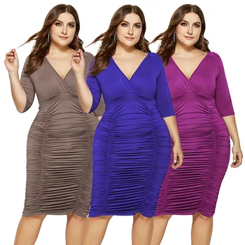 

BacklakeGirls Pleated Sexy V Neck Half Sleeve Plus Size Cocktail Dress Solid Color Night Club Dress Vestido De Coctel De Mujer