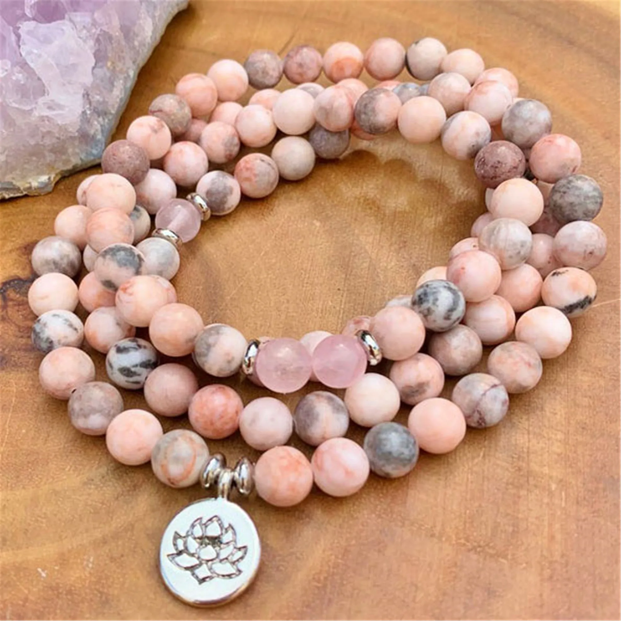 8mm Natural Pink Zebra Jasper 108 Beads Handmade Tassel Necklace Wrist Blessing Religious  Meditation Cuff Healing Men