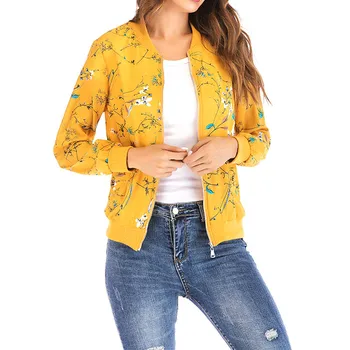 

Women Solid Color Jackets Casual Zipper Closure Floral Print Coat Simple Beautiful Long Sleeve Jacket Hotsale