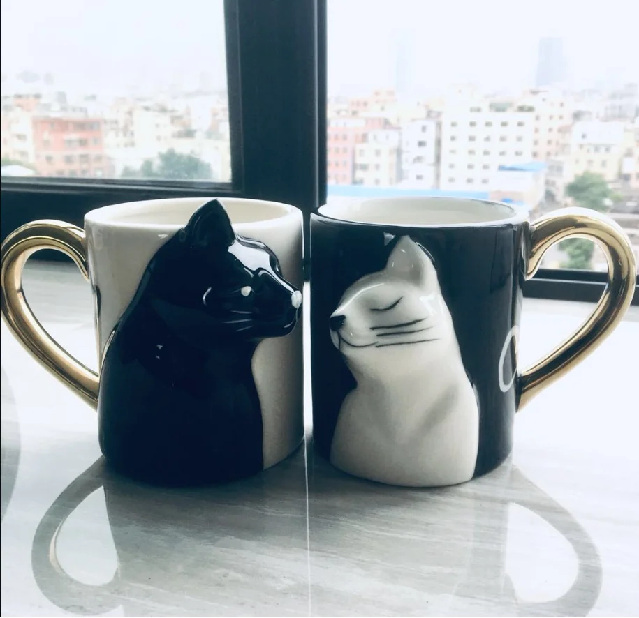 Кофейная кружка для пары Kiss Cat 2 шт. набор забавных чайных керамических чашек