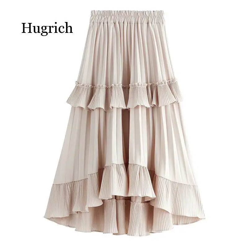 Black Beige Fashion Korean Ruffle Midi Long A-Line Skirt Women Casual Spring Summer High Waist Irregular All-Match Skirts Female simple plus velvet smile autumn and winter driving gloves full finger gloves female gloves wool mittens touch screen gloves