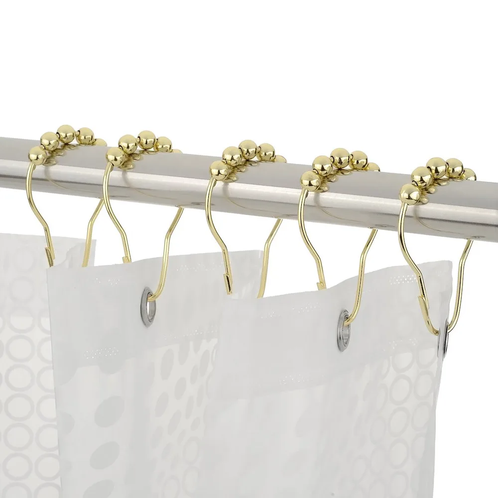 

12PCS кліпси для штор Shower Curtain Hooks Rings Gold Rust-Resistant 5 Roller Ball Shower Curtain Rings Hooks 1FM