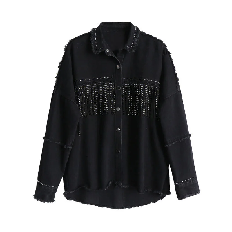 Black Loose Denim Jacket Women Vintage Stylish Fringe Beaded Button Jeans Jacket Women 2020 Turndown Collar Chic Chaqueta Mujer
