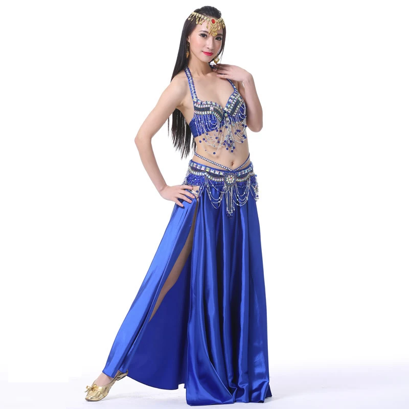 Blue Женский костюм для танца живота, Восточный танец живота, костюмы для выступлений с разрезом, юбка для танца живота, бюстгальтер, пояс, юбка, набор с кисточками из бисера - Цвет: Blue