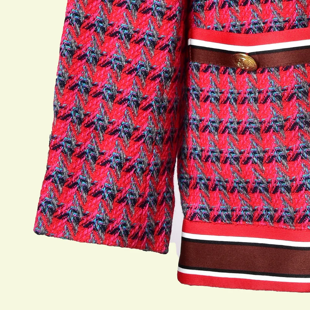 Женское пальто осень/зима из ткани твидовый Красный клетчатый пиджак с v-образным вырезом Красный Блейзер трапециевидная юбка костюм