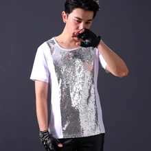 Бар ночной клуб ведущий представление костюм танец барабан DJ мужской певец личности тренд серебряные блестки с короткими рукавами футболки DNV11963