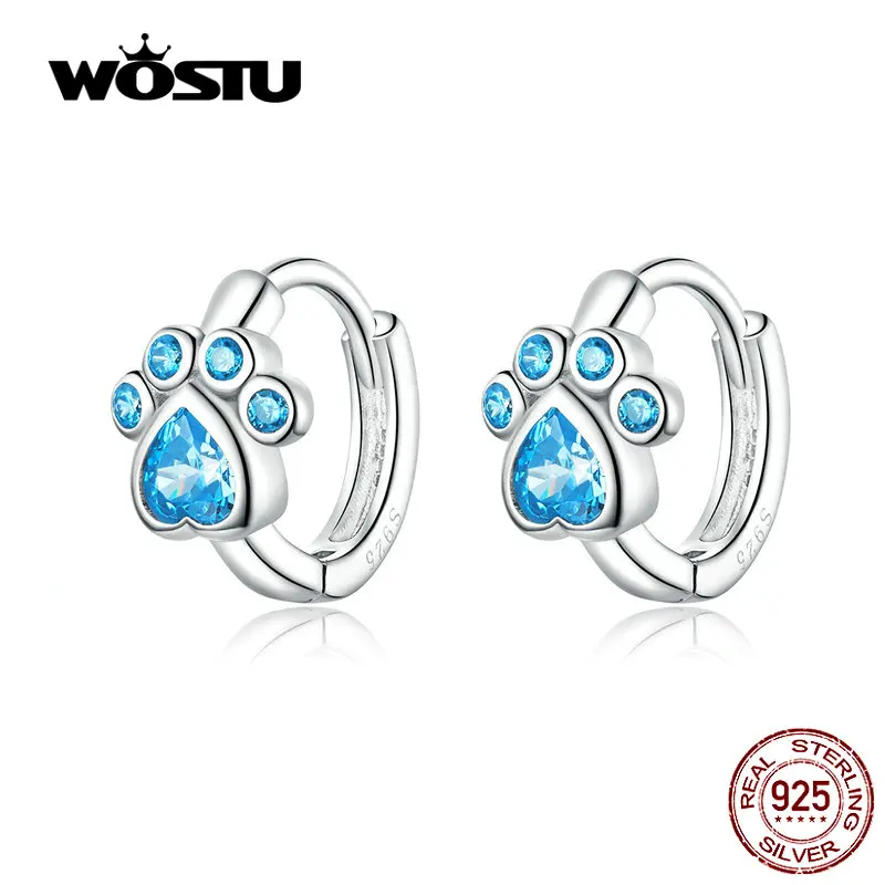 WOSTU серьги-кольца с собачьей лапой 925 пробы, серебряные, синие циркониевые серьги для свадьбы и помолвки для женщин, ювелирные изделия CQE670