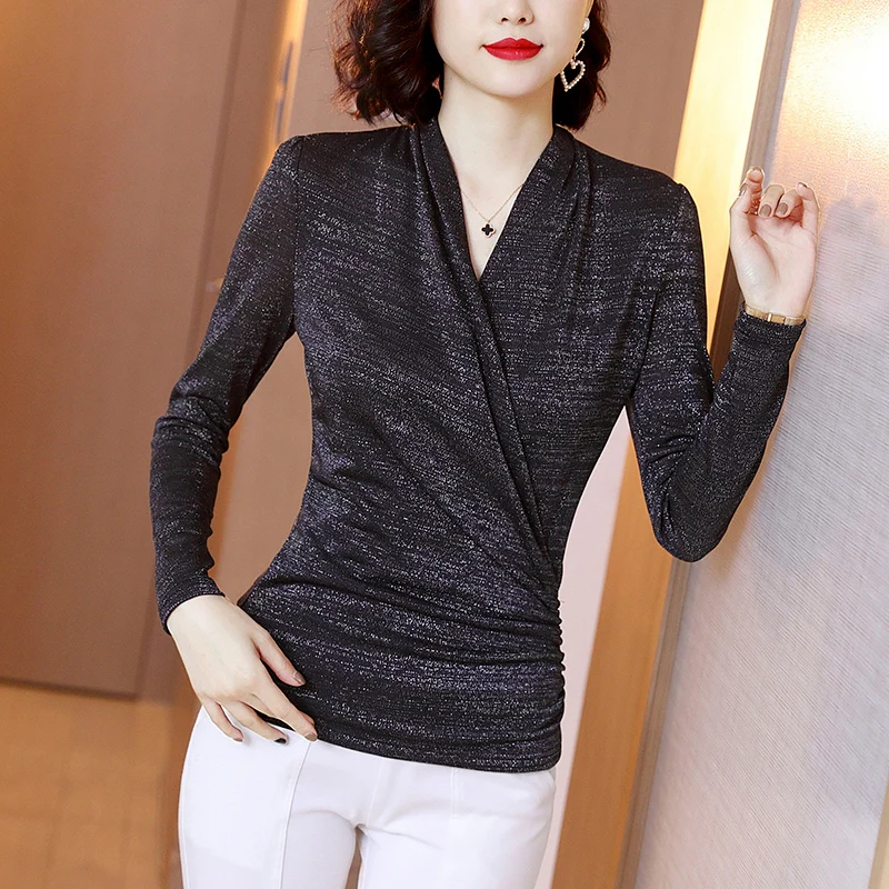 

New Women Slim T-shirt Bright Knit Bottoming Shirts Sexy Cross V-neck Ladies Long Sleeve Work Wear Casual Tops Spring