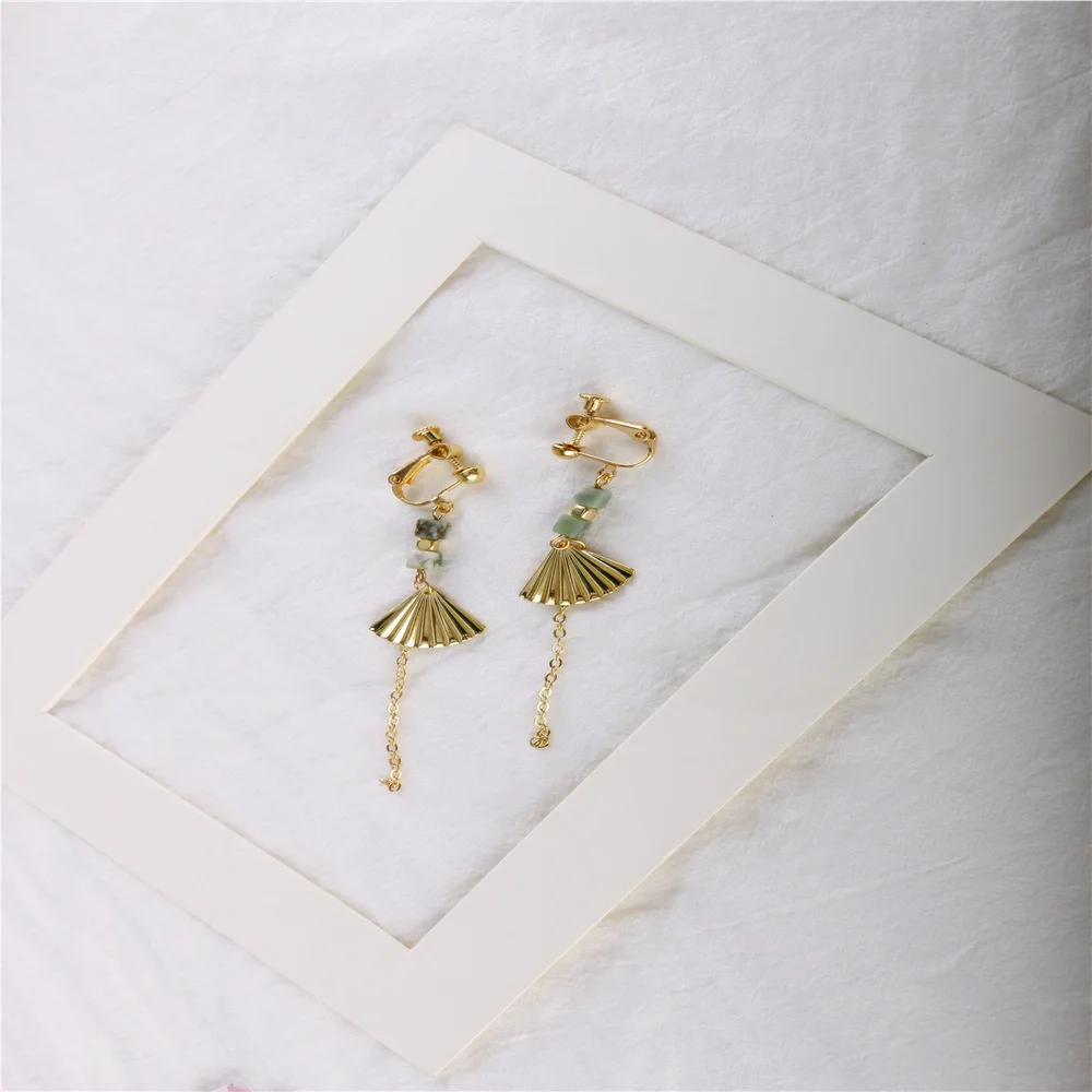 

Handmade design fan tassel ear pierced ear clip super fairy temperament charm retro tree pattern long earrings