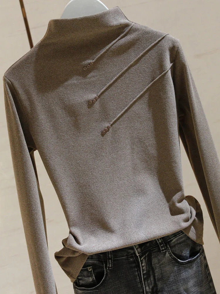 

Women's Thickened Half High Neck Slim Fit Fall/Winter 2019 plus Velvet Double-Sided Long Sleeve T-Shirt Jacket t shirt harajuku