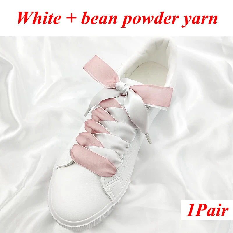 1 пара атласных шелковых лент шнурки двусторонний снег пряжи обуви кружева модные кроссовки шнурки 2 см ширина 80/100/120 см длина - Цвет: White bean powder