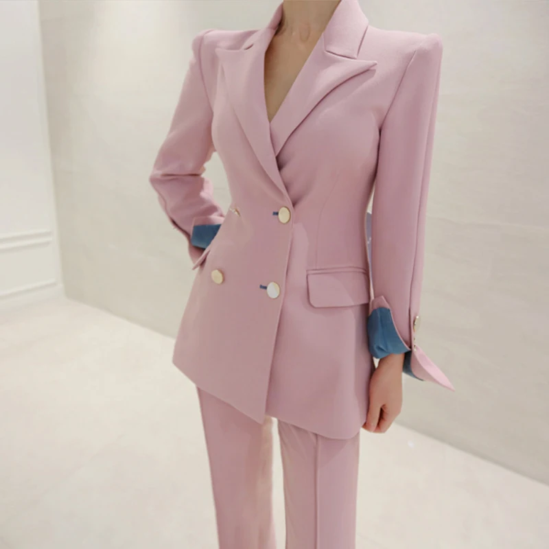 New Fashion Autumn Women High Quality Temperament Double-breasted Suit And Fashion Pencil Pant Work Style Slim Pink Pant Suit