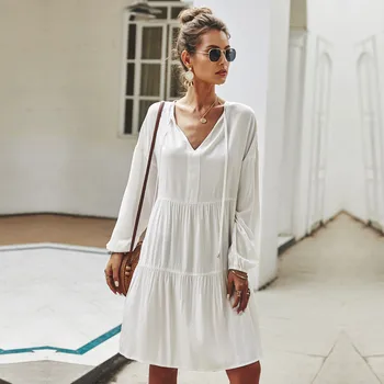 

Spring Summer Lace Up Dress Women Full Sleeve V-neck Mid-calf Solid Dress 2020 New Office Lady